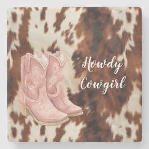 Dessous-de-verre En Pierre Bottes de cowgirl roses en cuir de vache marron oc