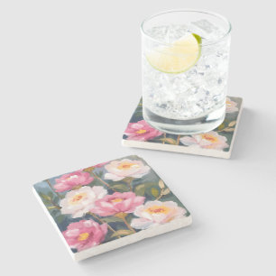 Dessous-de-verre En Pierre Bouquet de fleurs de pivoines roses aquarelle