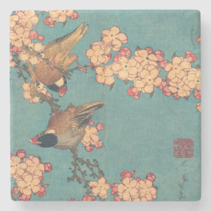 Dessous-de-verre En Pierre Bouvreuil d'Hokusai et Cerisier Fleur Vintage Oise