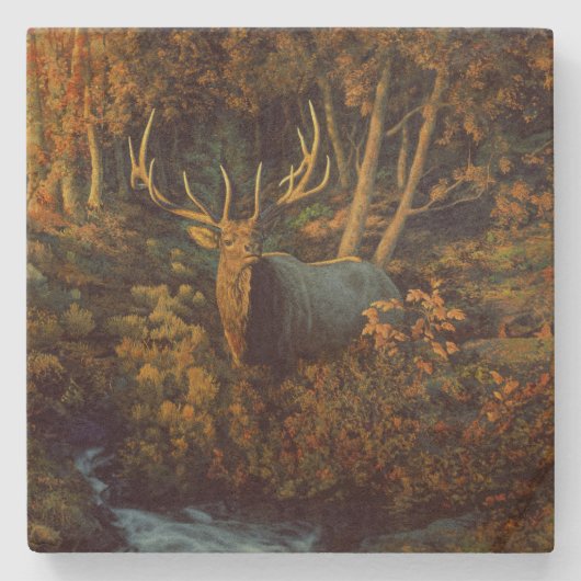 Dessous-de-verre En Pierre Bull Elk dans la forêt d'automne (Devant)