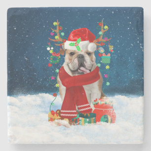 Dessous-de-verre En Pierre Bulldog anglais en neige avec cadeaux de Noël