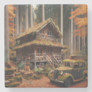 Dessous-de-verre En Pierre Cabine dans la forêt avec une automobile antique