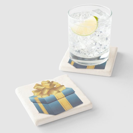 Dessous-de-verre En Pierre Cadeau Bleu Avec Ruban Or (Côté)