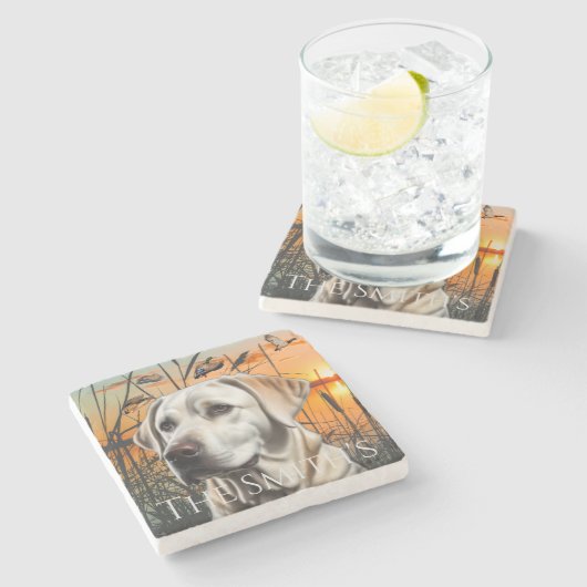Dessous-de-verre En Pierre Cadeau Mariage personnalisable, White Labrador (Côté)
