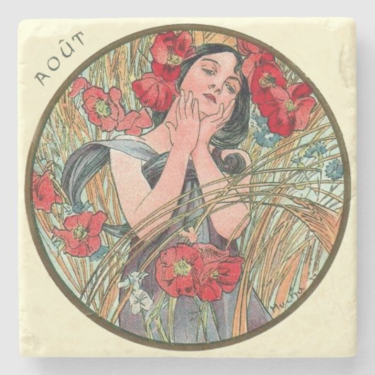Dessous-de-verre En Pierre Calendrier Mucha Art Nouveau août (Devant)