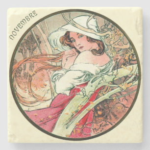 Dessous-de-verre En Pierre Calendrier Mucha Art Nouveau Novembre
