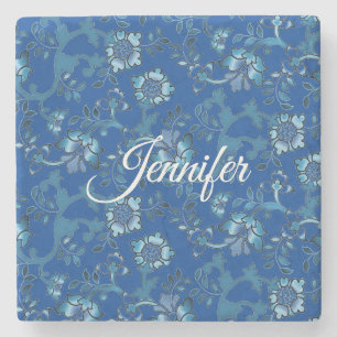 Dessous-de-verre En Pierre Calligraphie Elégant bleu Floral Nom personnalisé