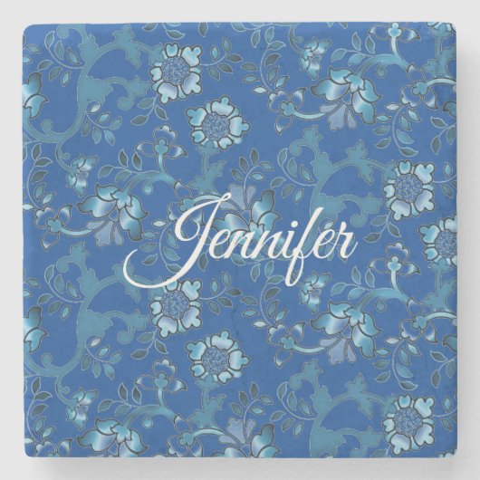 Dessous-de-verre En Pierre Calligraphie Elégant bleu Floral Nom personnalisé (Devant)