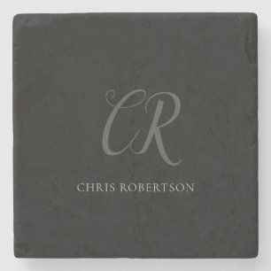 Dessous-de-verre En Pierre Calligraphie Monogramme Nom Black Grey Cadeau pers