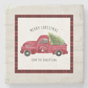 Dessous-de-verre En Pierre Camion de ferme rouge Joyeux Noël Arbre de bois ru