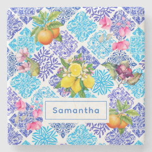 Dessous-de-verre En Pierre Carreaux d'azulejos méditerranéens fleuris d'agrum