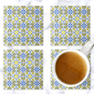 Dessous-de-verre En Pierre Carreaux Portugais Jaune Blanc Bleu