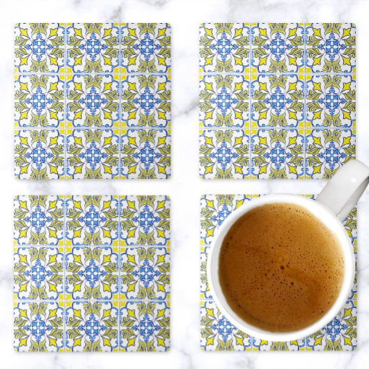 Dessous-de-verre En Pierre Carreaux Portugais Jaune Blanc Bleu