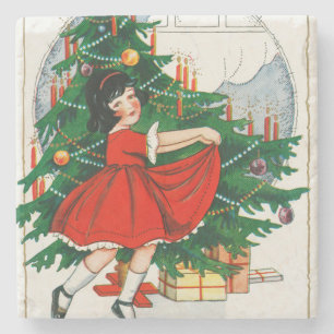 Dessous-de-verre En Pierre Carte de Noël rétro, enfant et sapin de Noël