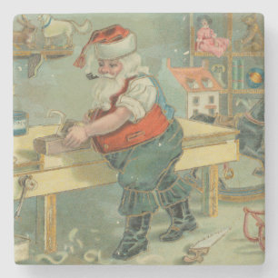 Dessous-de-verre En Pierre Carte de Noël vintage - Santa dans son atelier