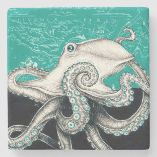 Dessous-de-verre En Pierre Carte Vintage Turquoise du poulpe blanc
