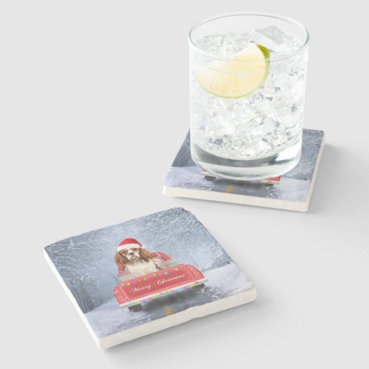 Dessous-de-verre En Pierre Cavalier King Charles Spaniel Chien neige noël (Côté)