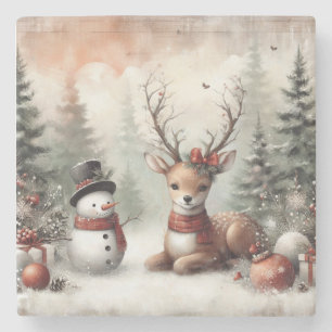 Dessous-de-verre En Pierre Cerf de Noël/bonhomme de neige en bois classique