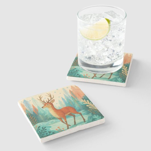 Dessous-de-verre En Pierre Cerf forestier enchanté - Bois d'hiver capricieux (Côté)