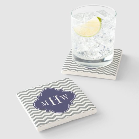 Dessous-de-verre En Pierre Charcoal Thin Chevron Navy Quatrefoil 3 Monogramme (Côté)