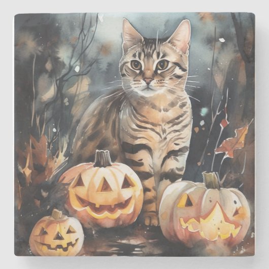 Dessous-de-verre En Pierre Chat Bengale D'Halloween Avec Peur Citrouille (Devant)