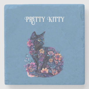 Dessous-de-verre En Pierre Chat bleu noir Fleurs Joli Minou