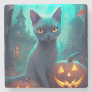 Dessous-de-verre En Pierre Chat bleu russe Halloween avec citrouilles effraya