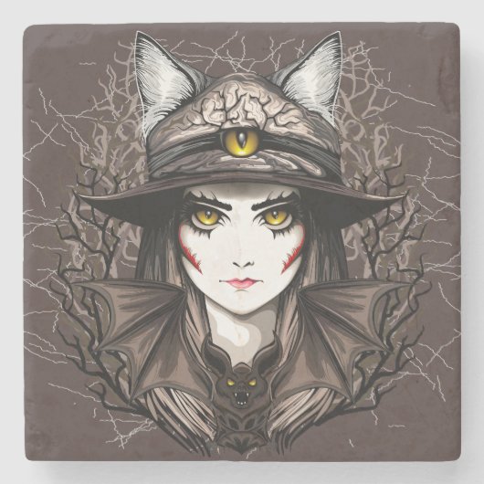 Dessous-de-verre En Pierre Chat de sorcière Halloween Déplaisant Portrait mig (Devant)