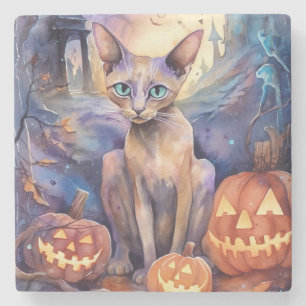 Dessous-de-verre En Pierre Chat d'Halloween Abyssinian avec la peur Citrouill