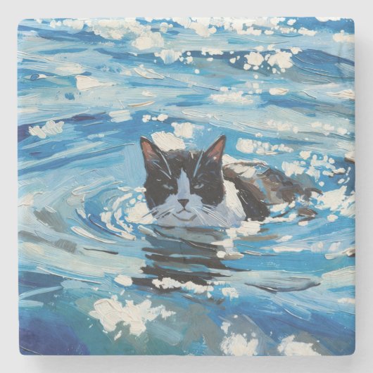 Dessous-de-verre En Pierre Chat Et L'Océan (#4) (Devant)
