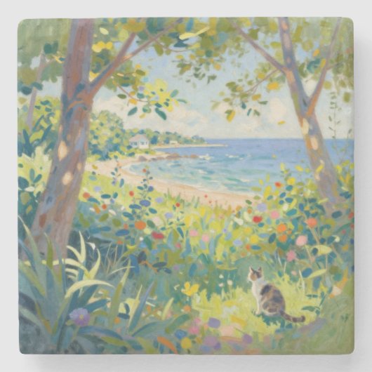 Dessous-de-verre En Pierre Chat Fleurs Et Mer (Devant)