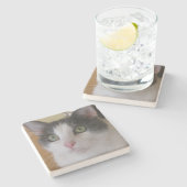 Dessous-de-verre En Pierre Chat gris et blanc mignon (Côté)