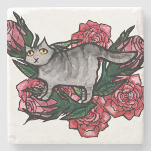 Dessous-de-verre En Pierre Chat gris Roses Chats gris