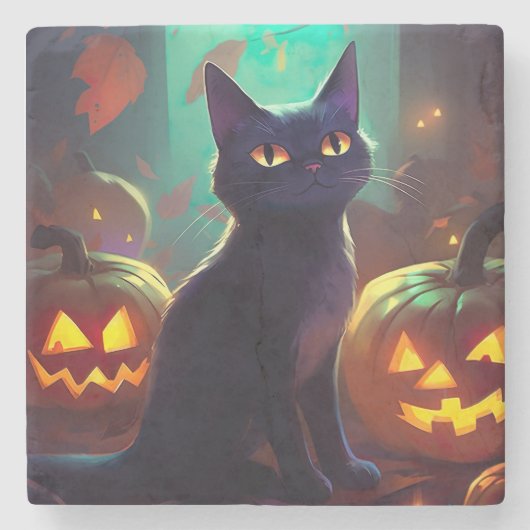 Dessous-de-verre En Pierre Chat Halloween Tuxedo Avec Peur Citrouille (Devant)