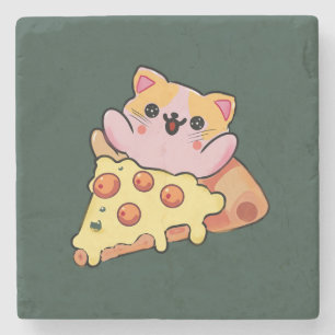 Dessous-de-verre En Pierre Chat Kawaii Personnalisé Enlaçant une Pizza au Pep