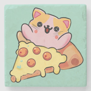 Dessous-de-verre En Pierre Chat Mignon Enlaçant une Pizza au Pepperoni de Des