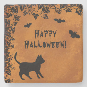 Dessous-de-verre En Pierre Chat noir avec chauve-souris, Happy Halloween