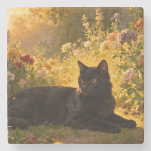 Dessous-de-verre En Pierre Chat noir dans les fleurs I