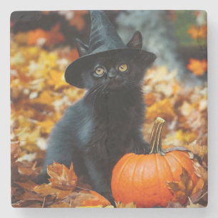 Dessous-de-verre En Pierre Chat noir d'Halloween et Citrouille