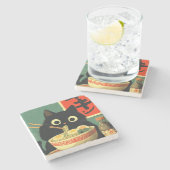 Dessous-de-verre En Pierre Chat noir drôle mangeant du Ramen (Côté)