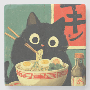 Dessous-de-verre En Pierre Chat noir drôle mangeant du Ramen