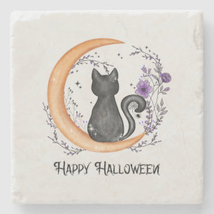 Dessous-de-verre En Pierre Chat noir et lune de croissant pour Halloween heur