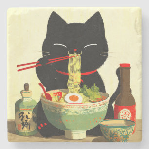 Dessous-de-verre En Pierre Chat noir heureux mangeant du Ramen Ukiyo-e japo