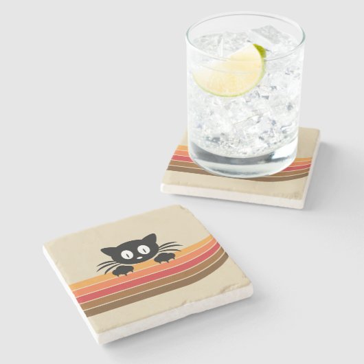 Dessous-de-verre En Pierre Chat noir mignon avec rayures rétro (Côté)