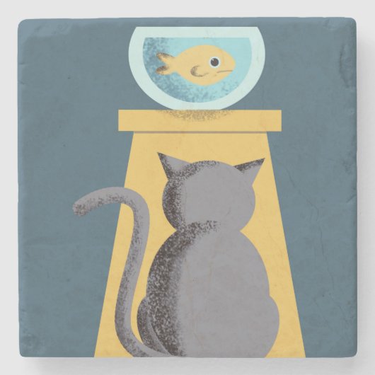 Dessous-de-verre En Pierre Chat regardant un poisson rouge mignon maison (Devant)