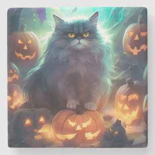 Dessous-de-verre En Pierre Chat Sibérien d'Halloween avec citrouilles effraya