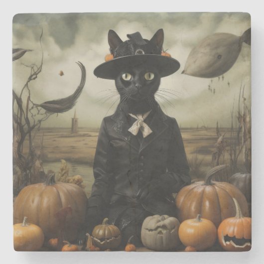 Dessous-de-verre En Pierre Chat Sorcière avec Citrouilles  (Devant)