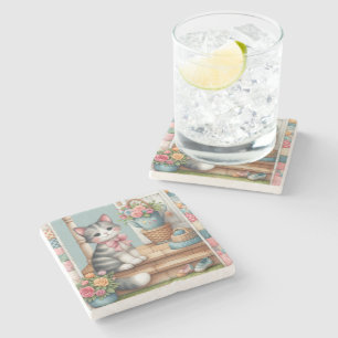Dessous-de-verre En Pierre Chat sur un porche avec scène de patchwork floral