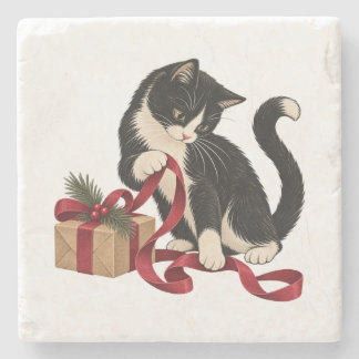 Dessous-de-verre En Pierre Chat Tuxedo avec Ruban Cadeau Rouge