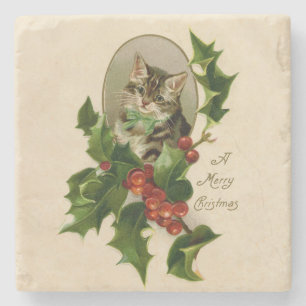 Dessous-de-verre En Pierre Chaton de Noël victorien au milieu du houx antique